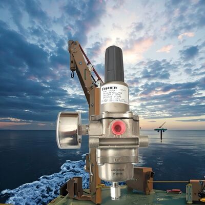 Regolatore di gas Fisher con corpo in acciaio inossidabile e pressione di entrata di 250 psi per applicazioni offshore